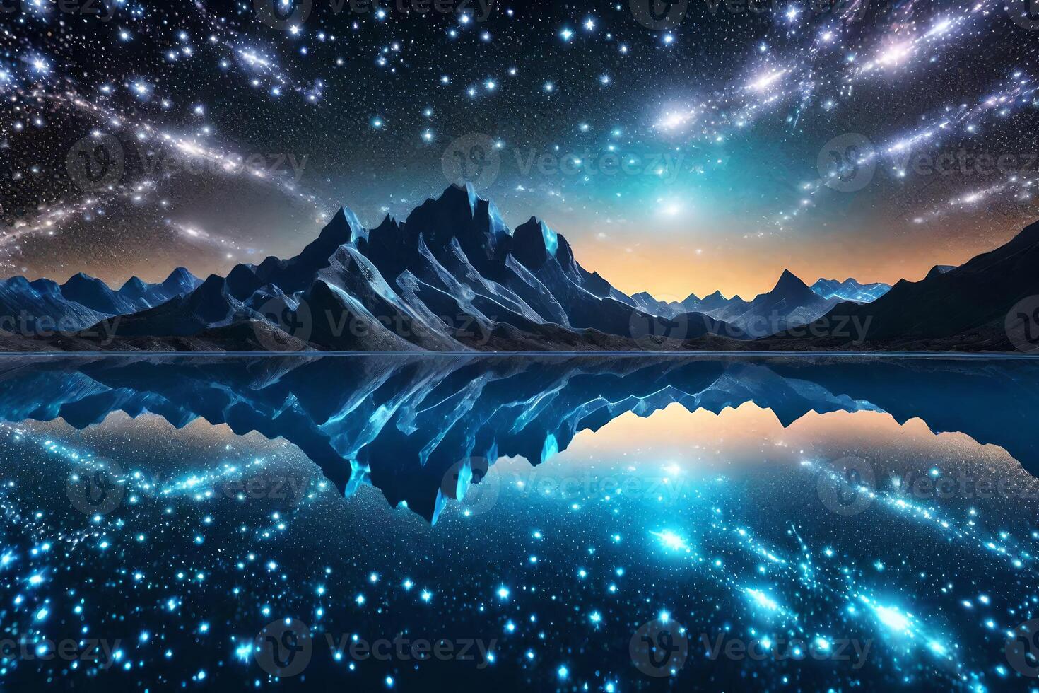 A mountain range with stars and water photo