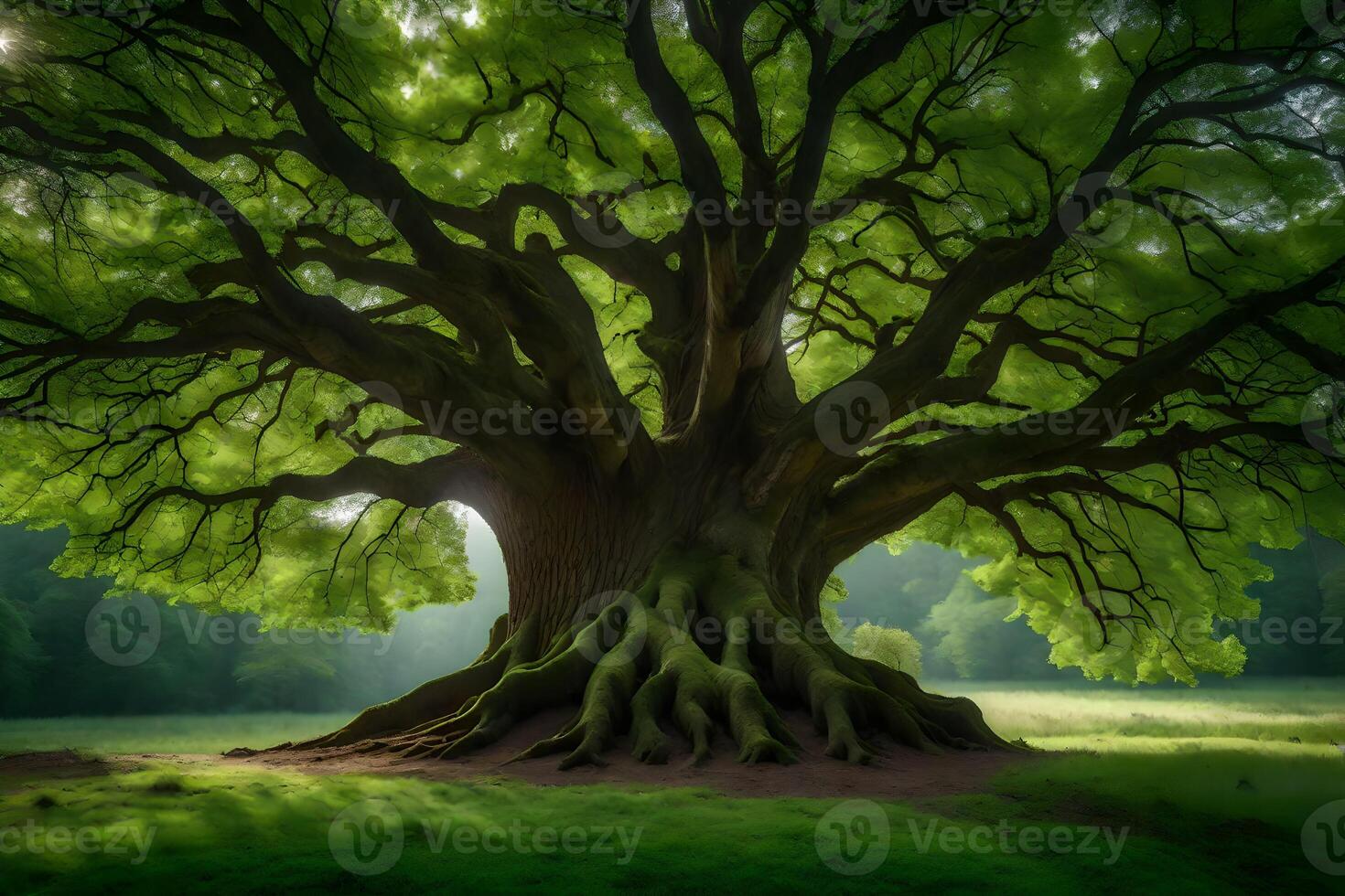 The tree of life - a beautiful tree with roots in the middle of a green field photo
