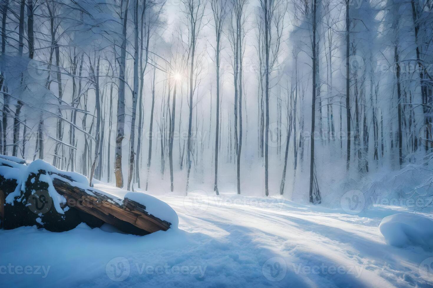 A snowy forest with trees and a log photo