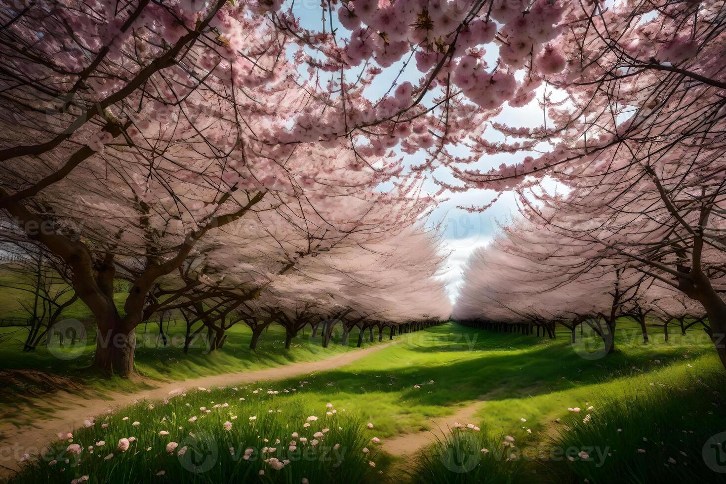 A path through a field of pink blossoms photo