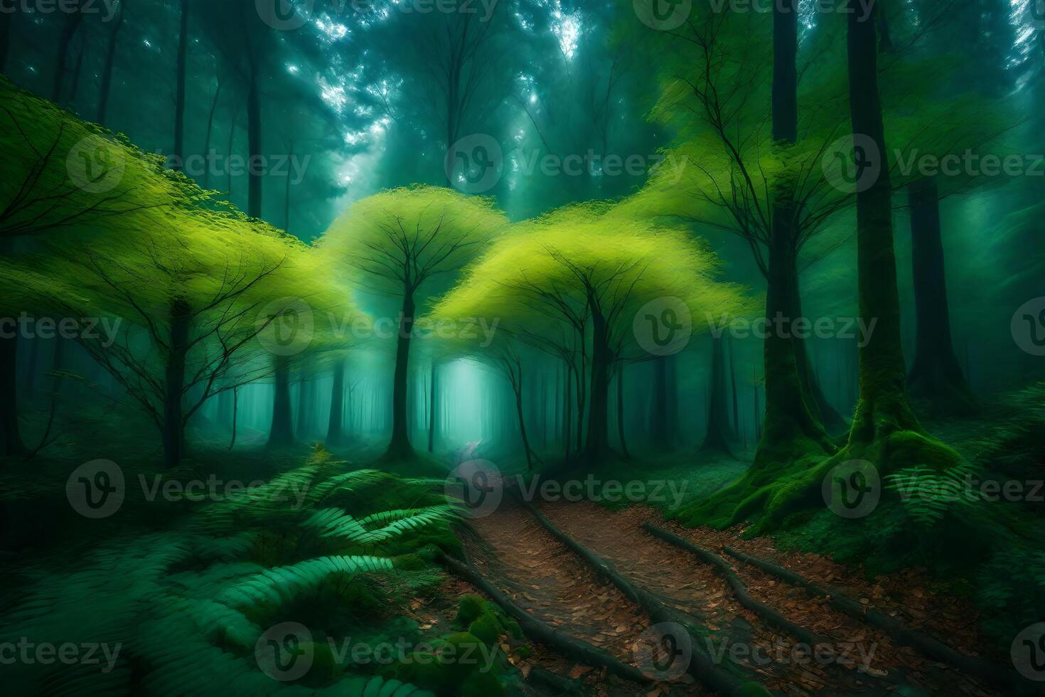 A forest with trees and ferns photo