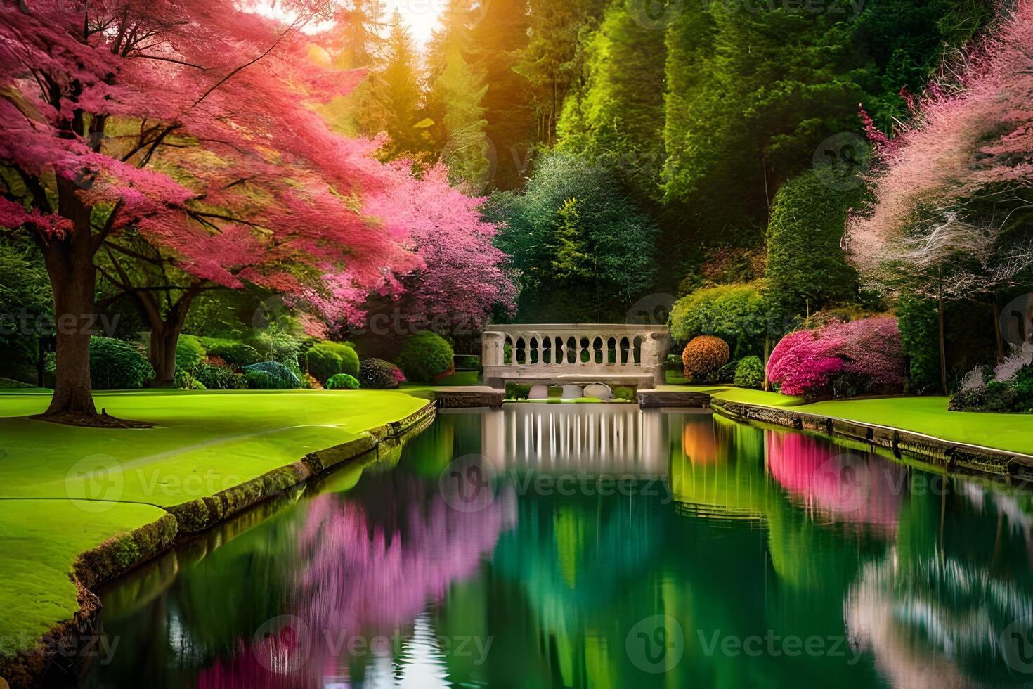 A beautiful garden with a pond and trees photo