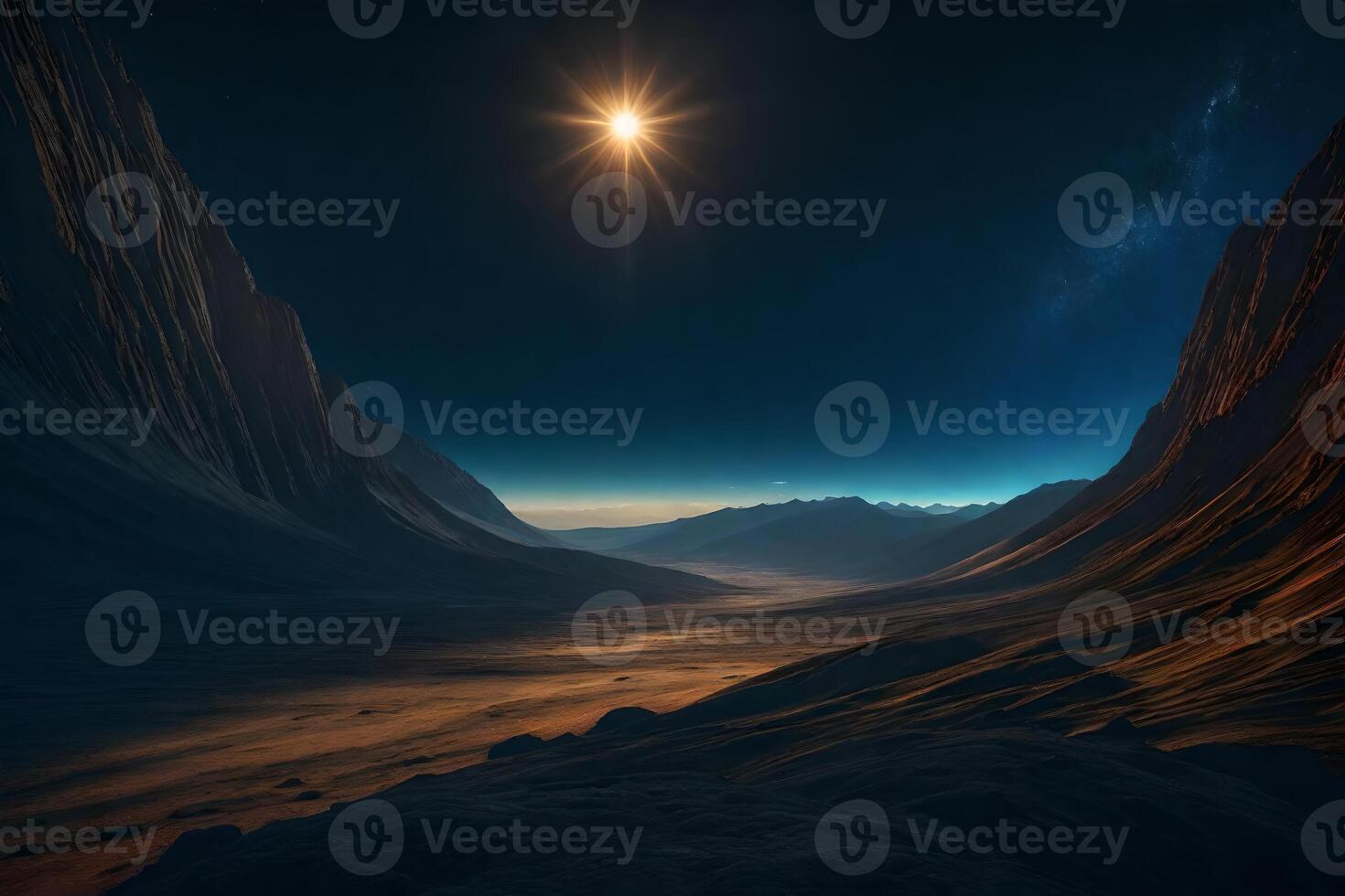 An alien landscape with a star shining over it photo