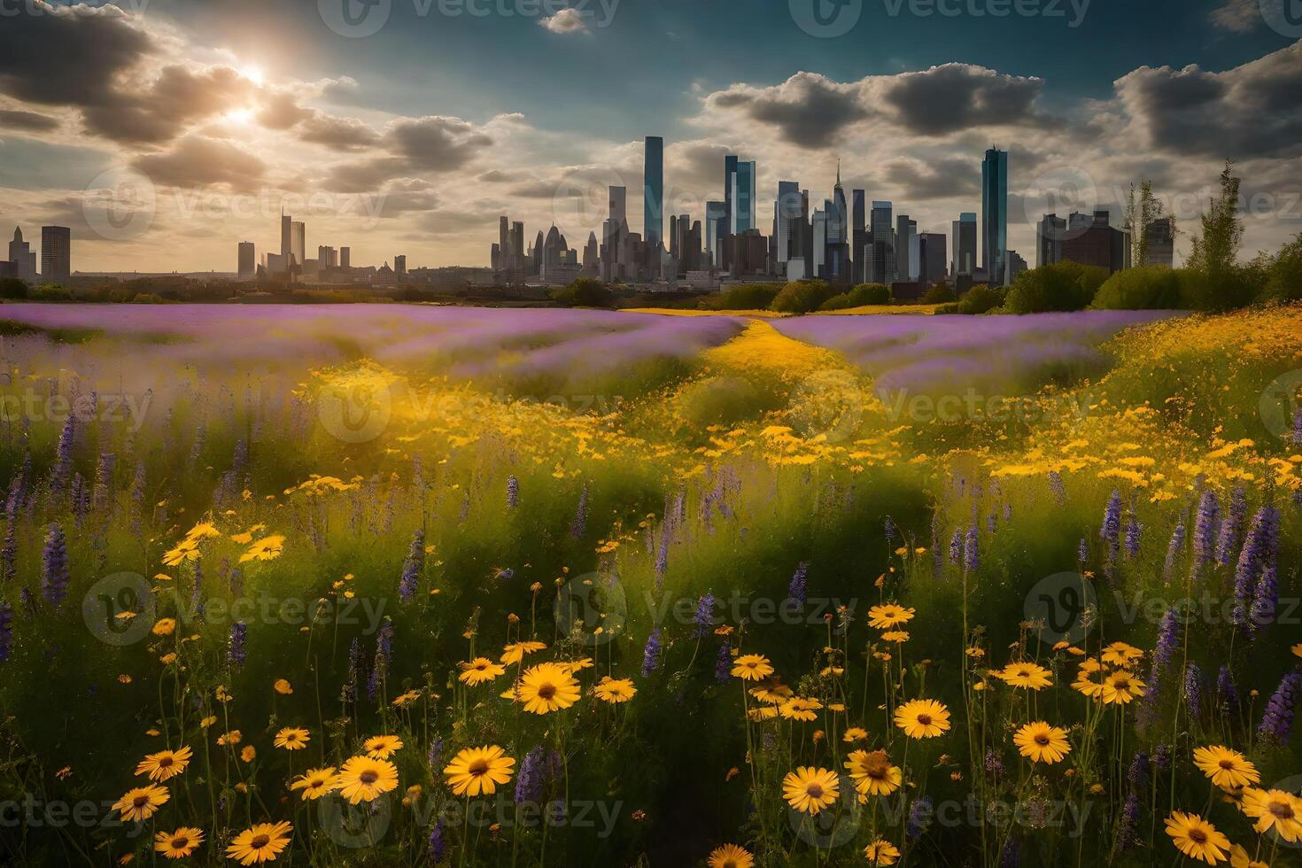 A field of wildflowers and a city skyline photo