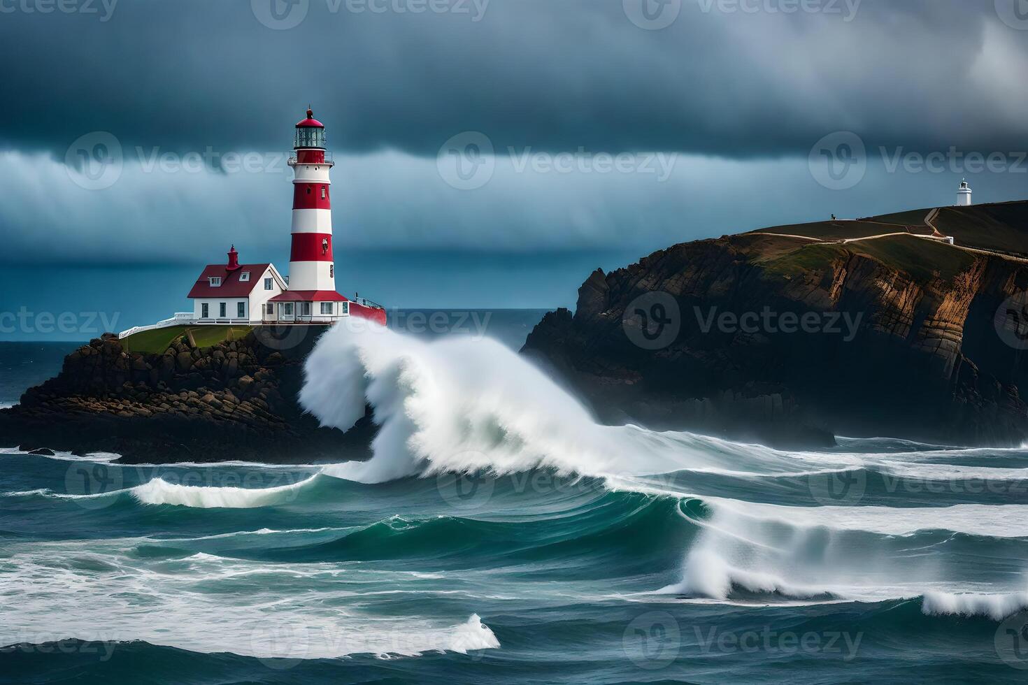 A lighthouse is surrounded by waves on a stormy day photo