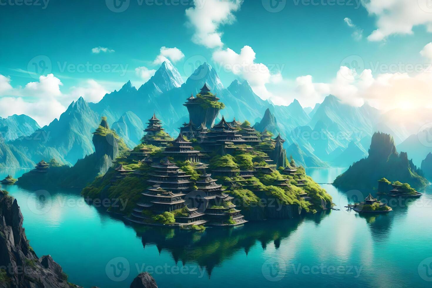 An island with a castle in the middle of the water photo