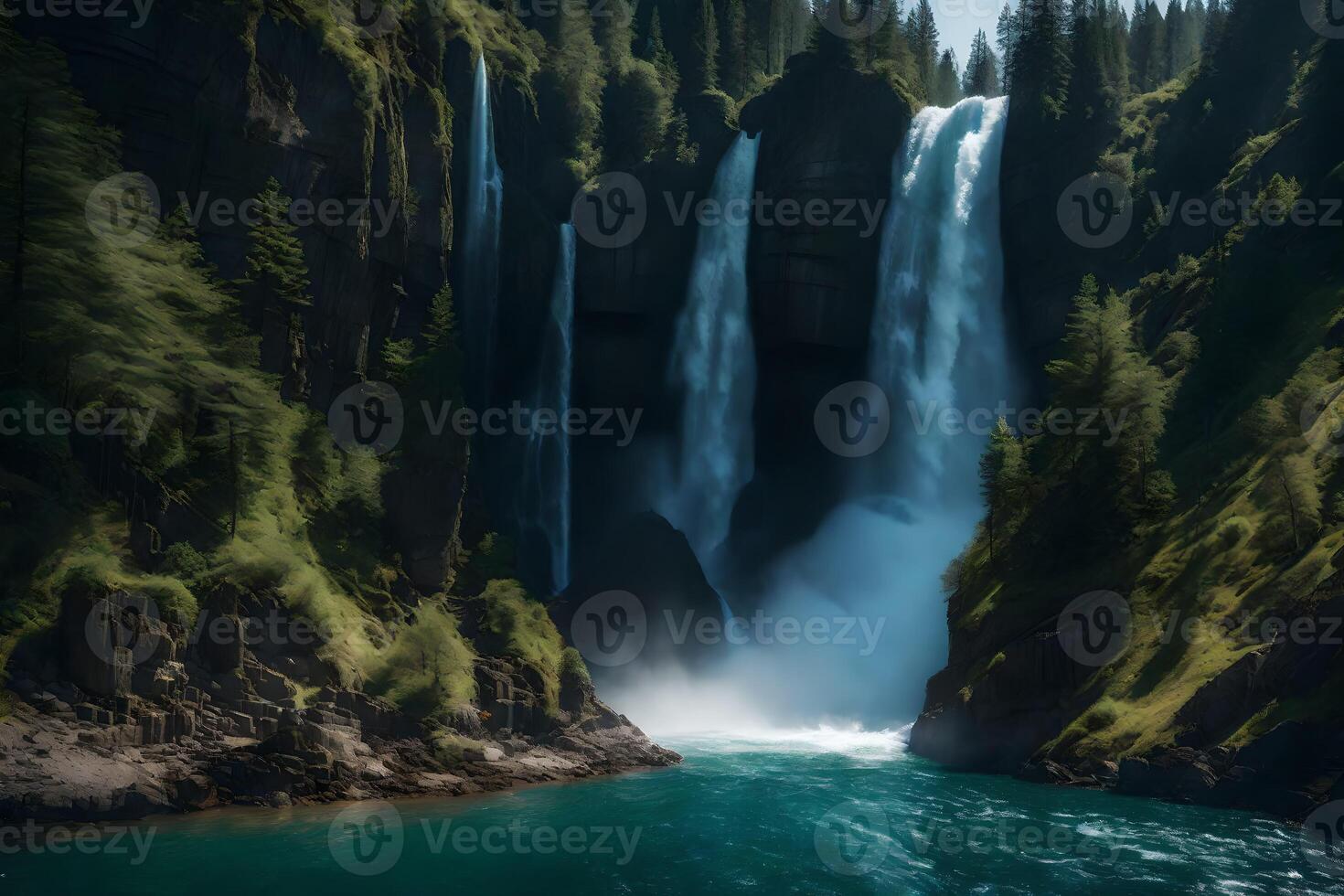 A waterfall is seen in the middle of a forest photo