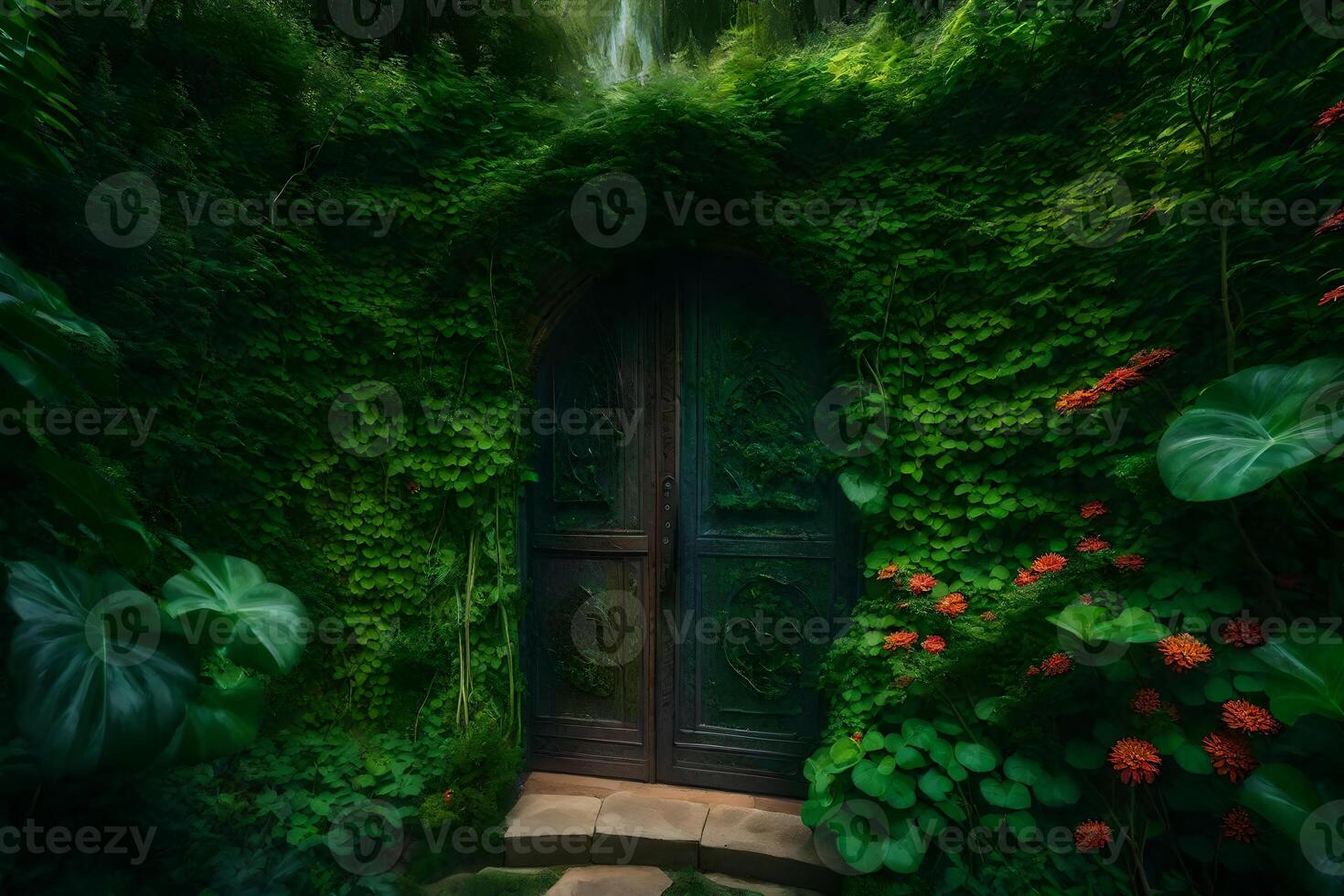 A door in the middle of a lush green forest photo