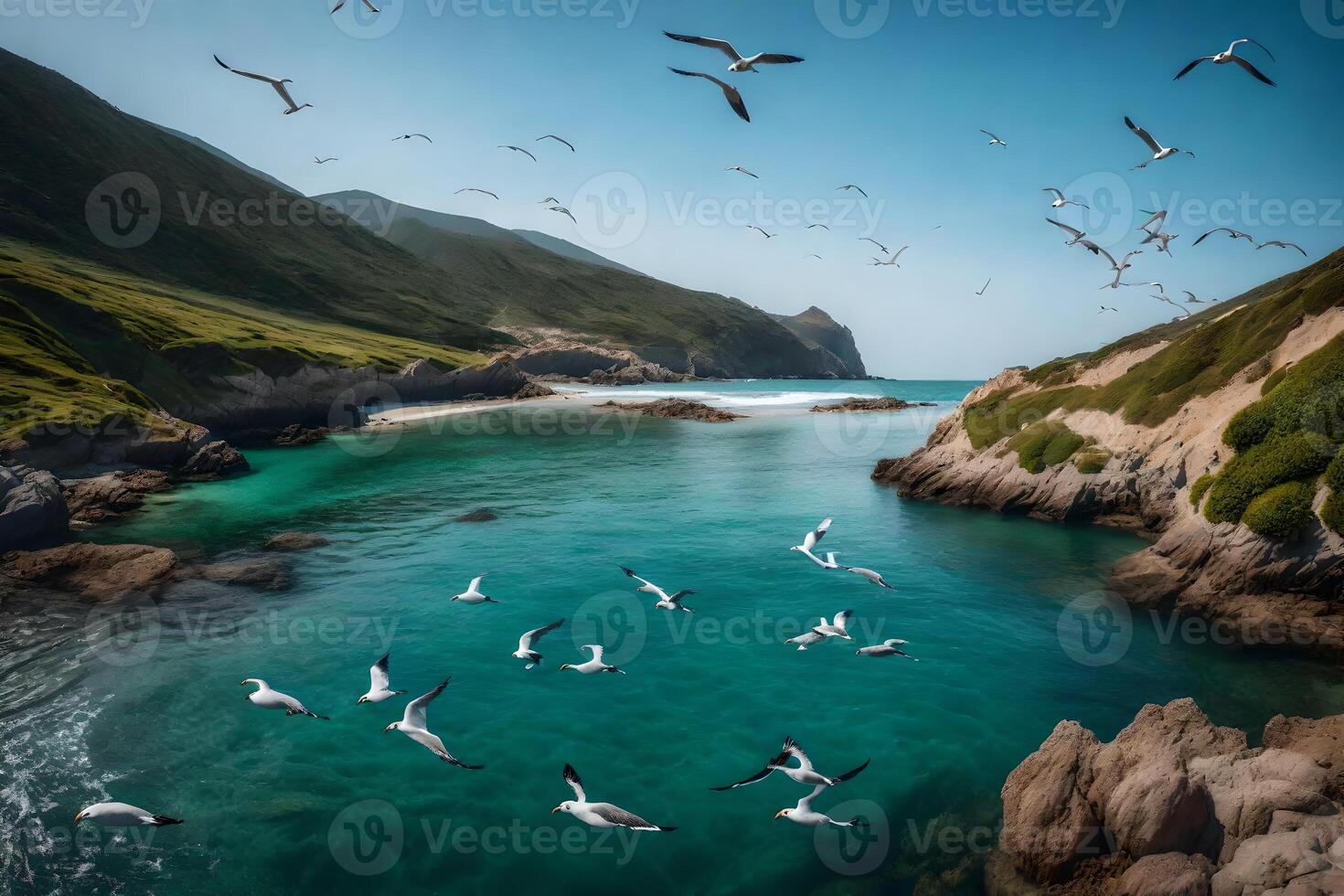 Seagulls flying over the ocean and rocky shoreline photo