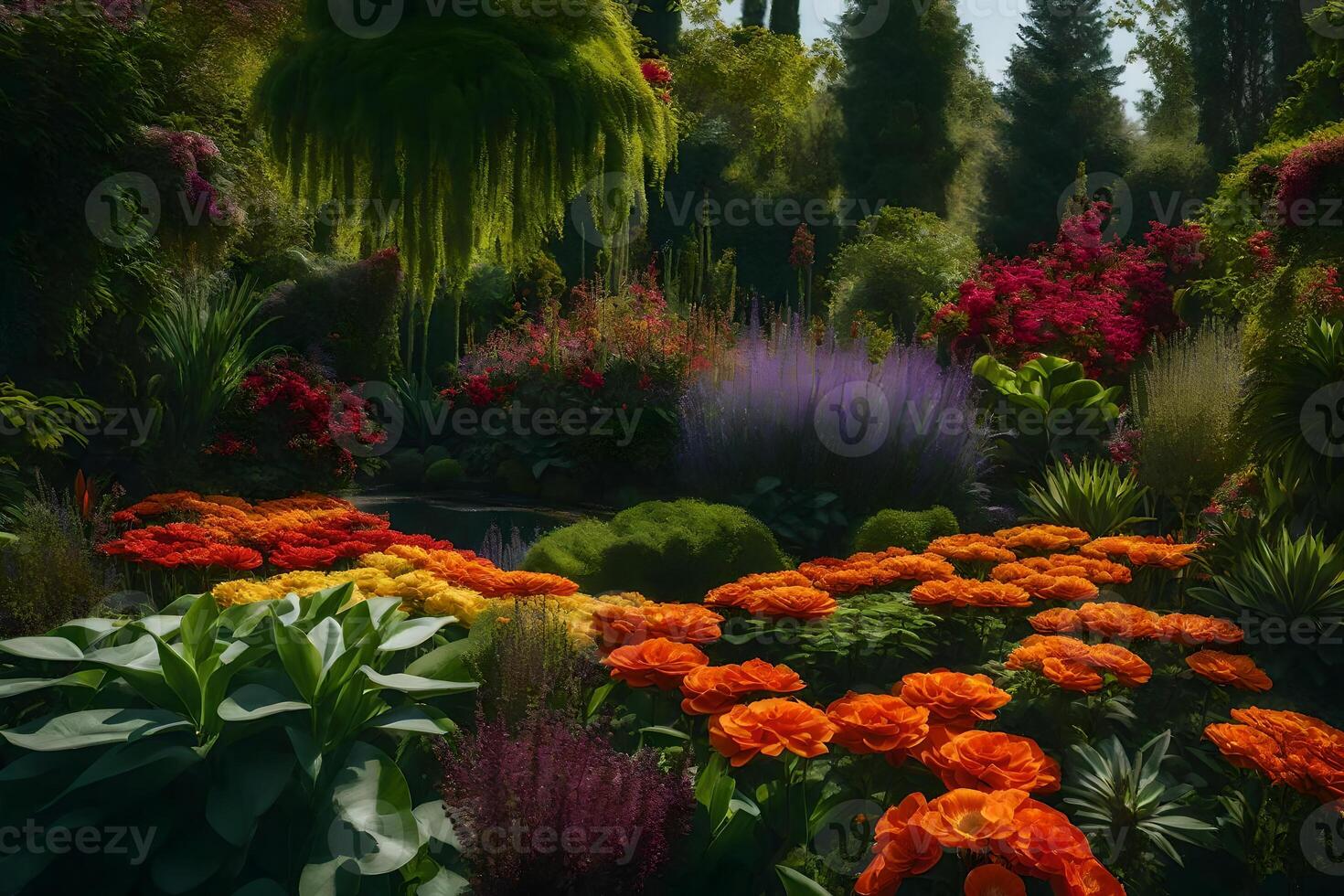 A garden with lots of flowers and trees photo