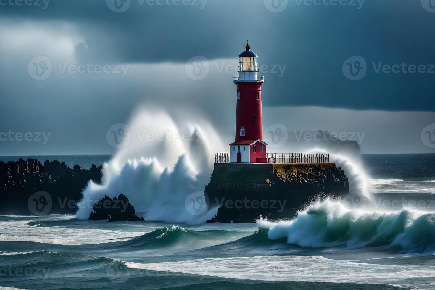 A lighthouse is surrounded by waves and a stormy sky photo