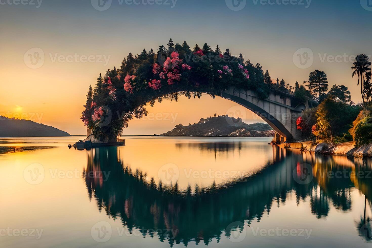 A bridge with flowers on it at sunset photo