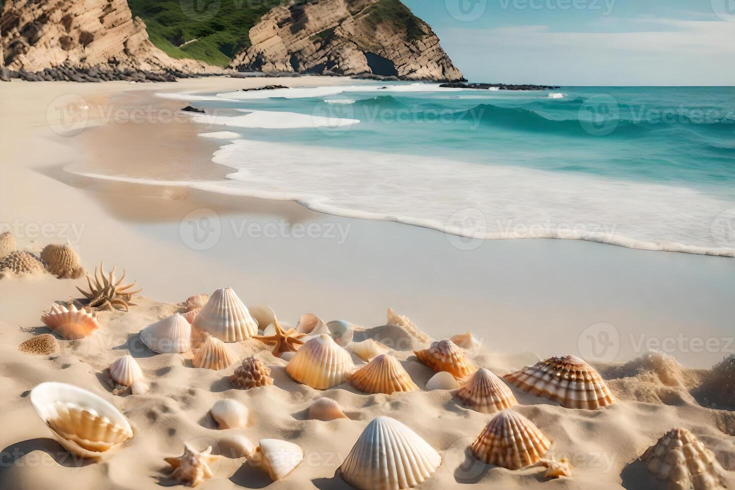 Sea shells on the beach by the ocean photo
