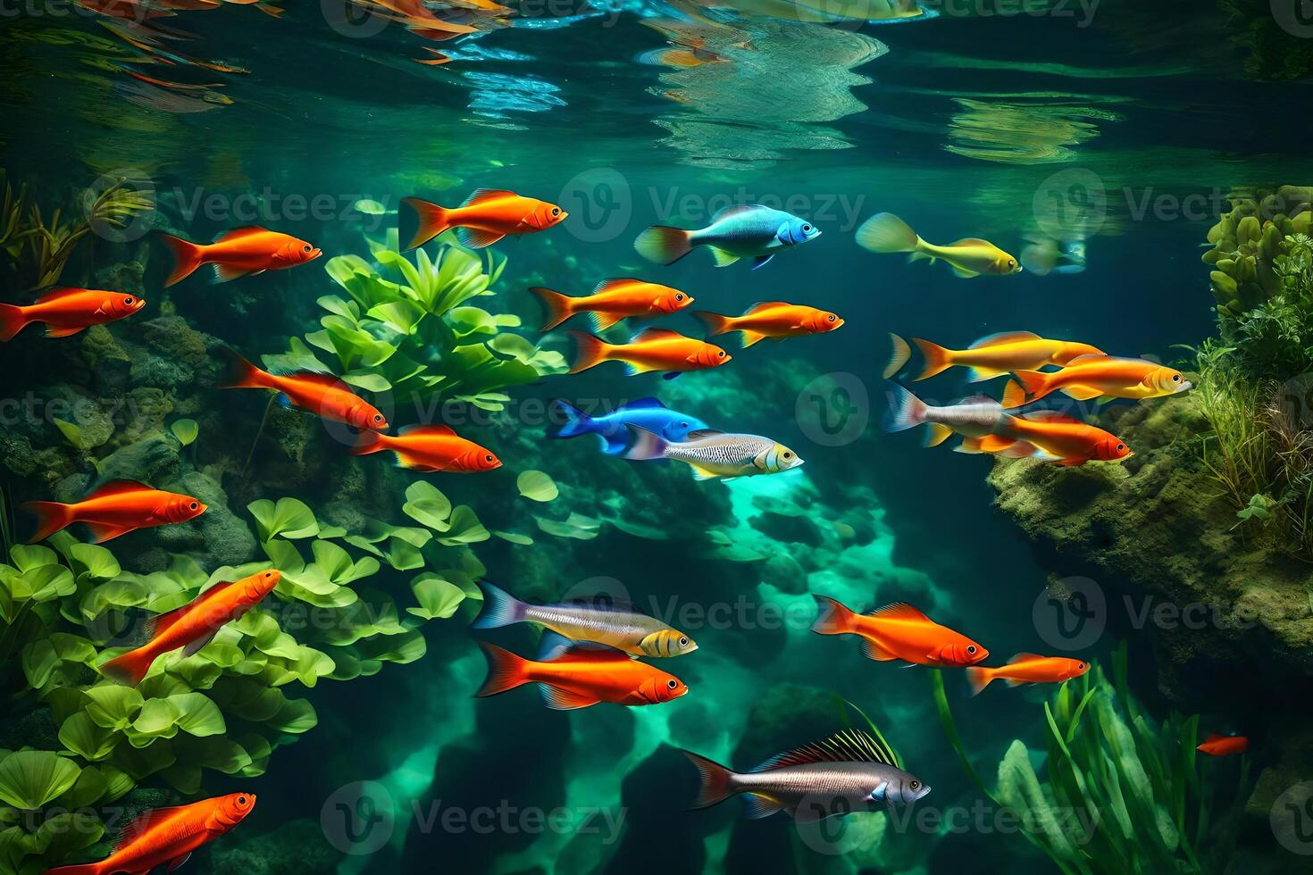 An aquarium with many colorful fish swimming in it photo