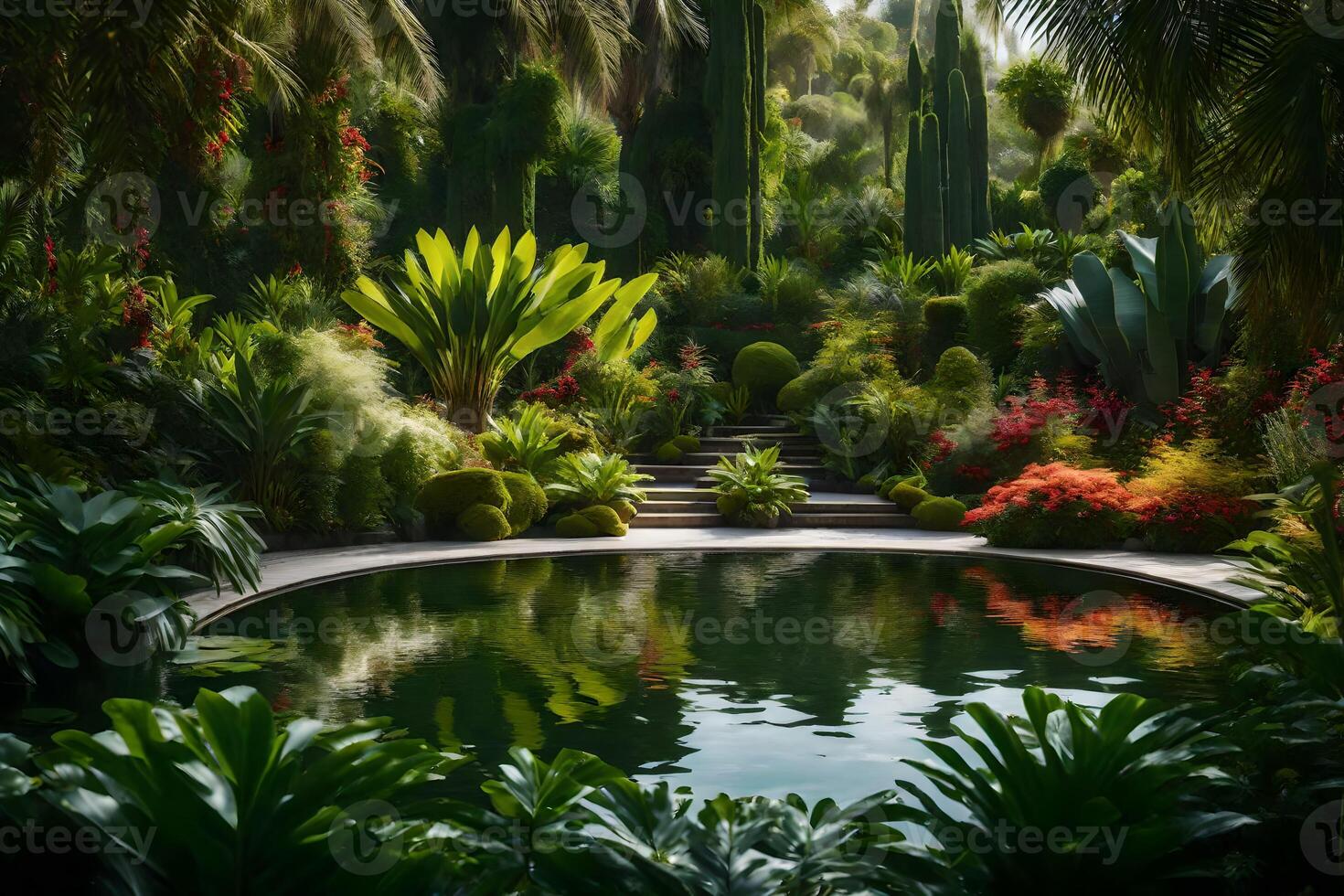 A beautiful garden with a pool surrounded by lush plants photo
