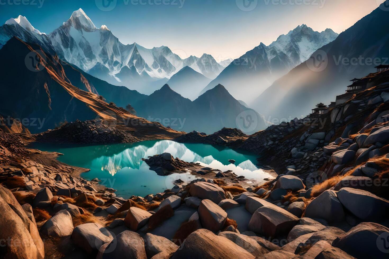 A mountain lake surrounded by rocks and rocks photo
