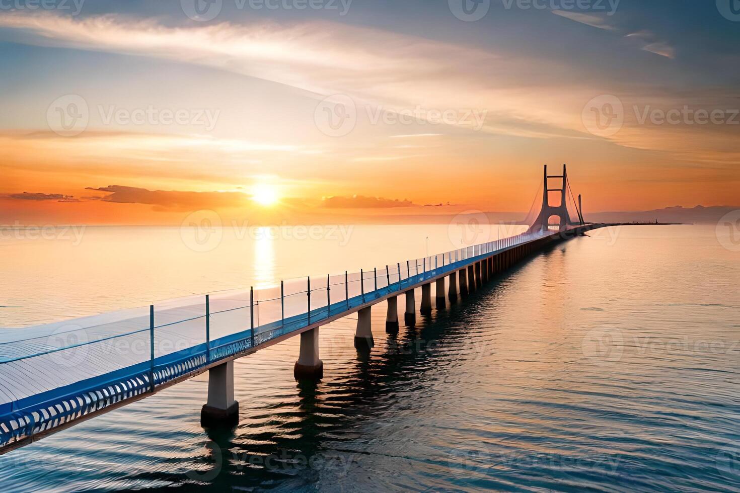 The sun is setting over a bridge that spans the ocean photo