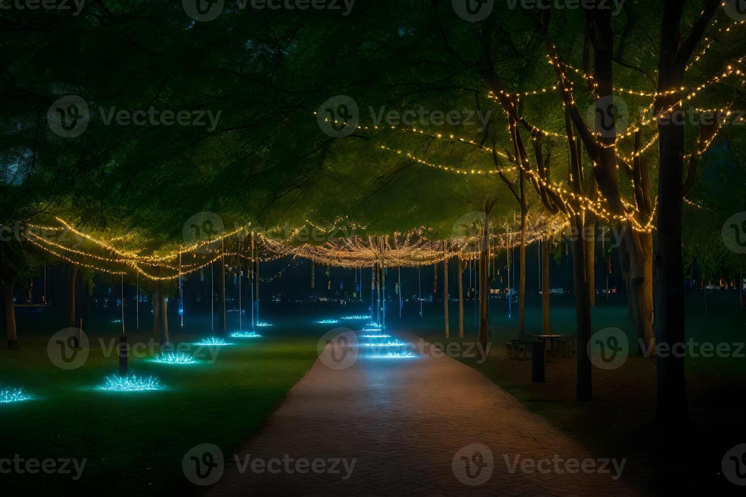 A pathway lined with trees and lights at night photo