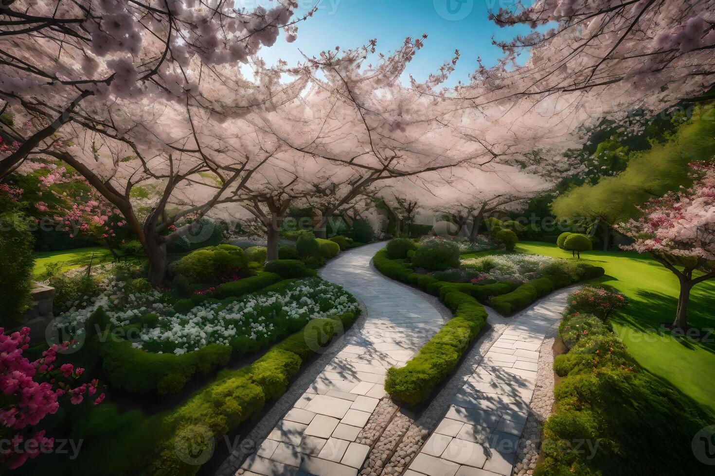 A walkway through a garden with cherry trees photo