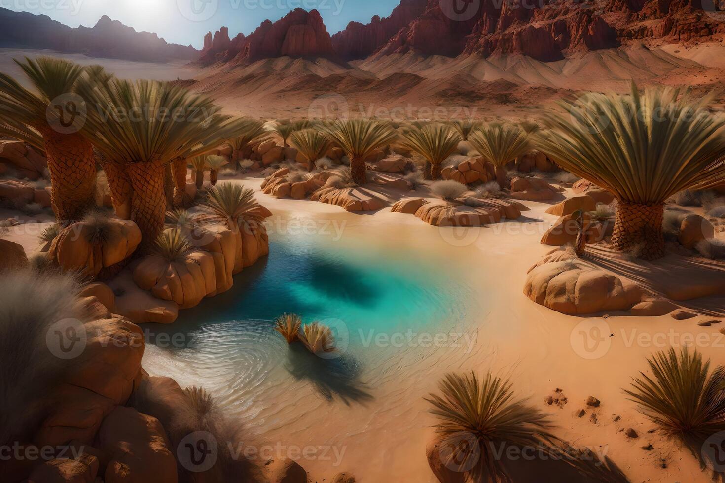 A desert landscape with a small pool and palm trees photo