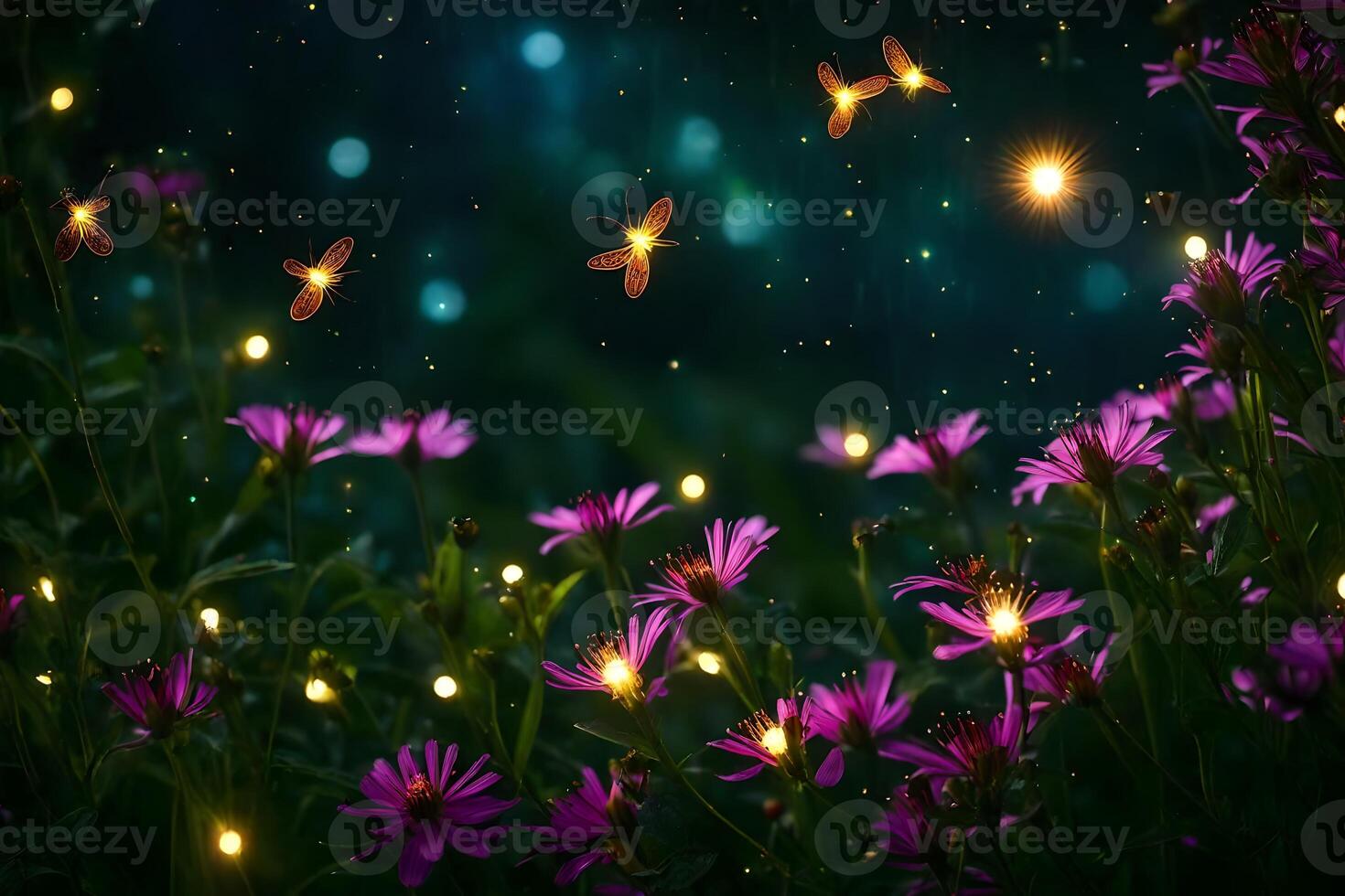 Flowers and butterflies are flying in the night sky photo