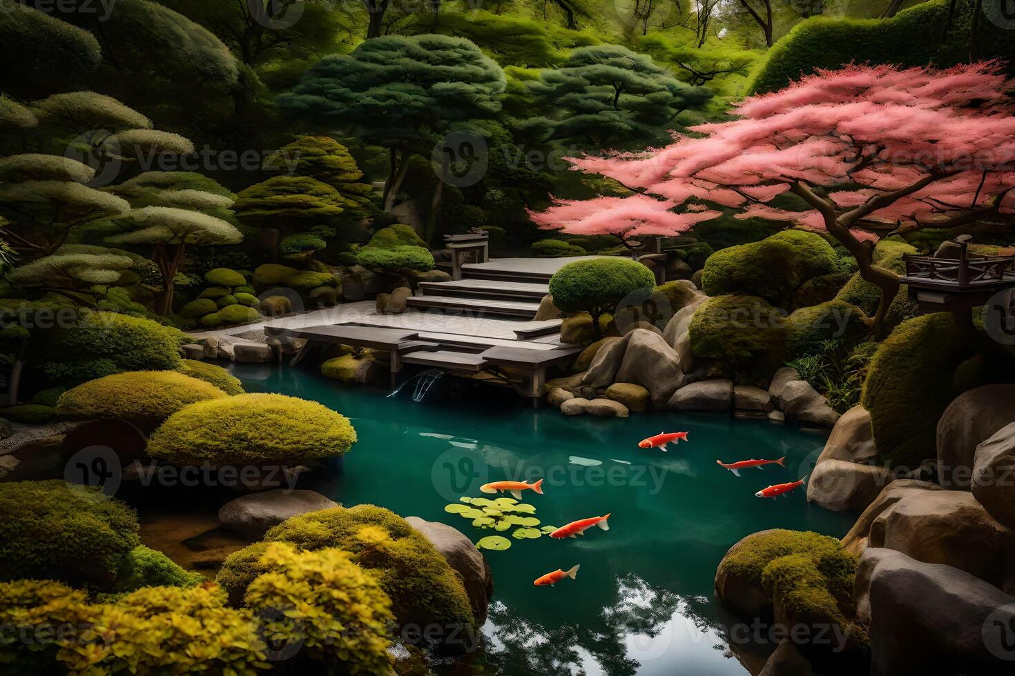 A pond with koi fish in it and a bridge photo
