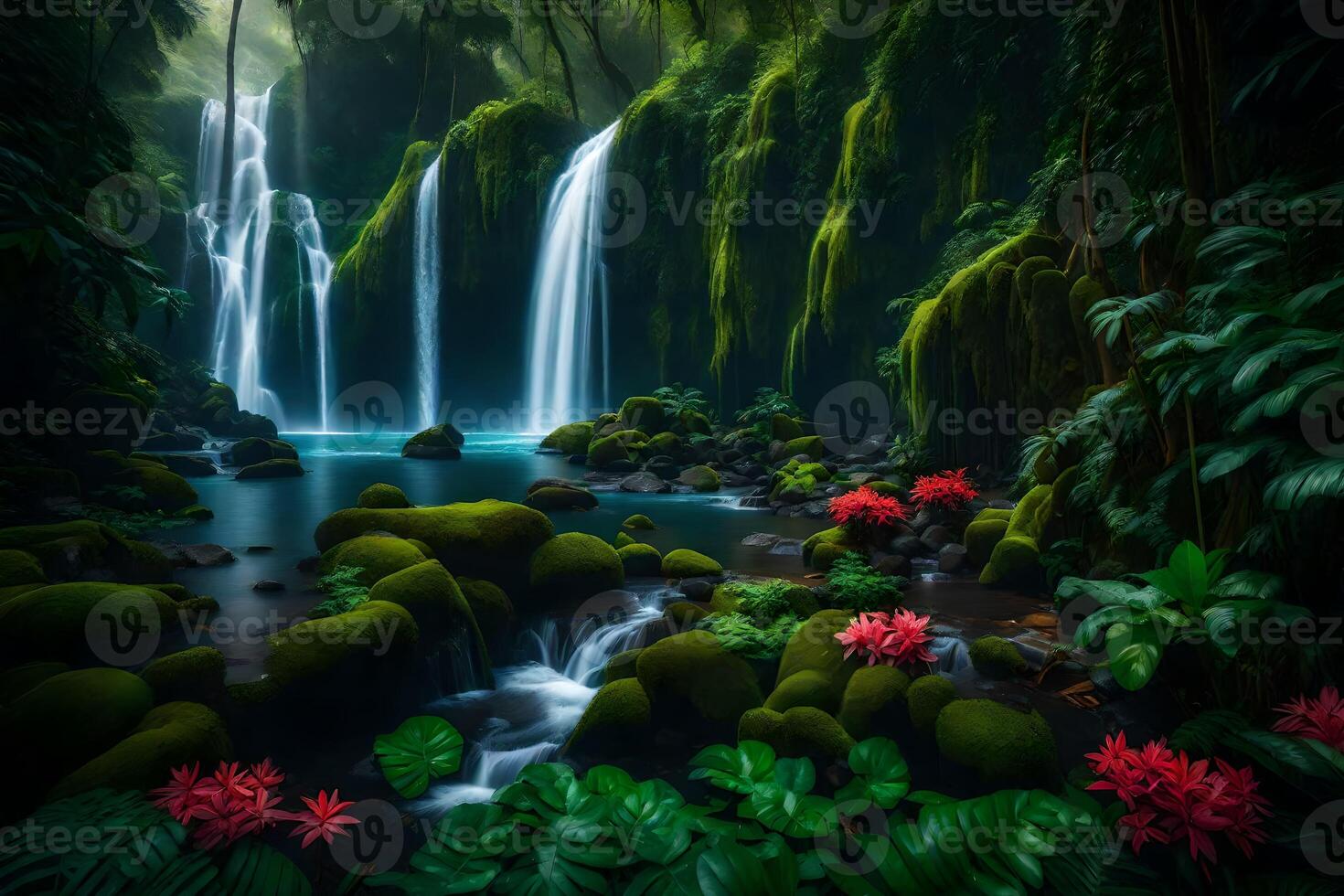 A beautiful waterfall in the jungle with green plants and flowers photo