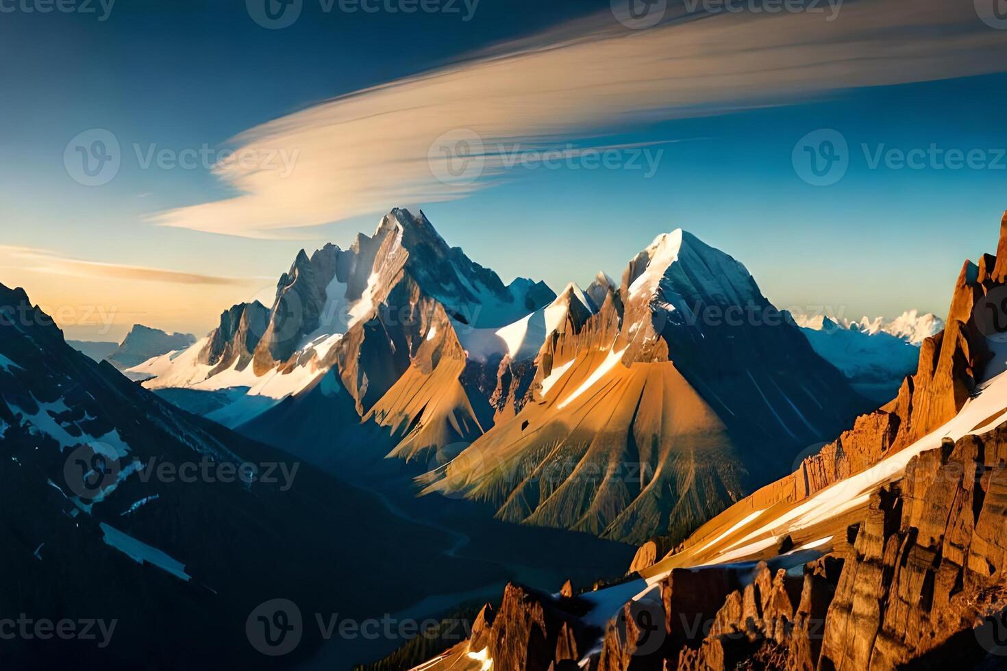 A mountain range with snow capped peaks at sunset photo