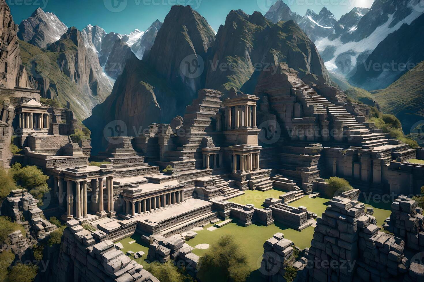 An ancient city in the mountains with mountains in the background photo