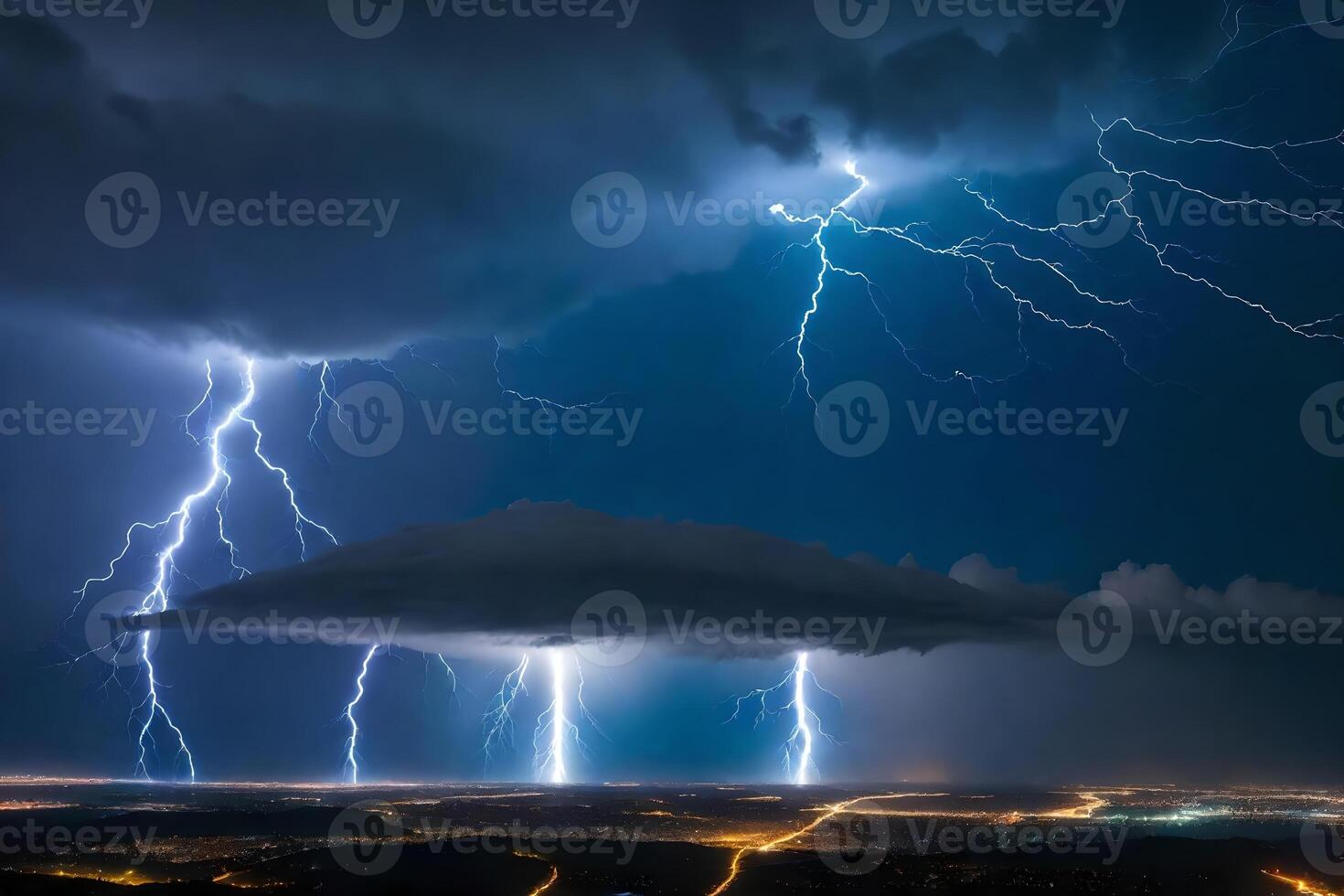 Lightning strikes over a cloud and a city photo