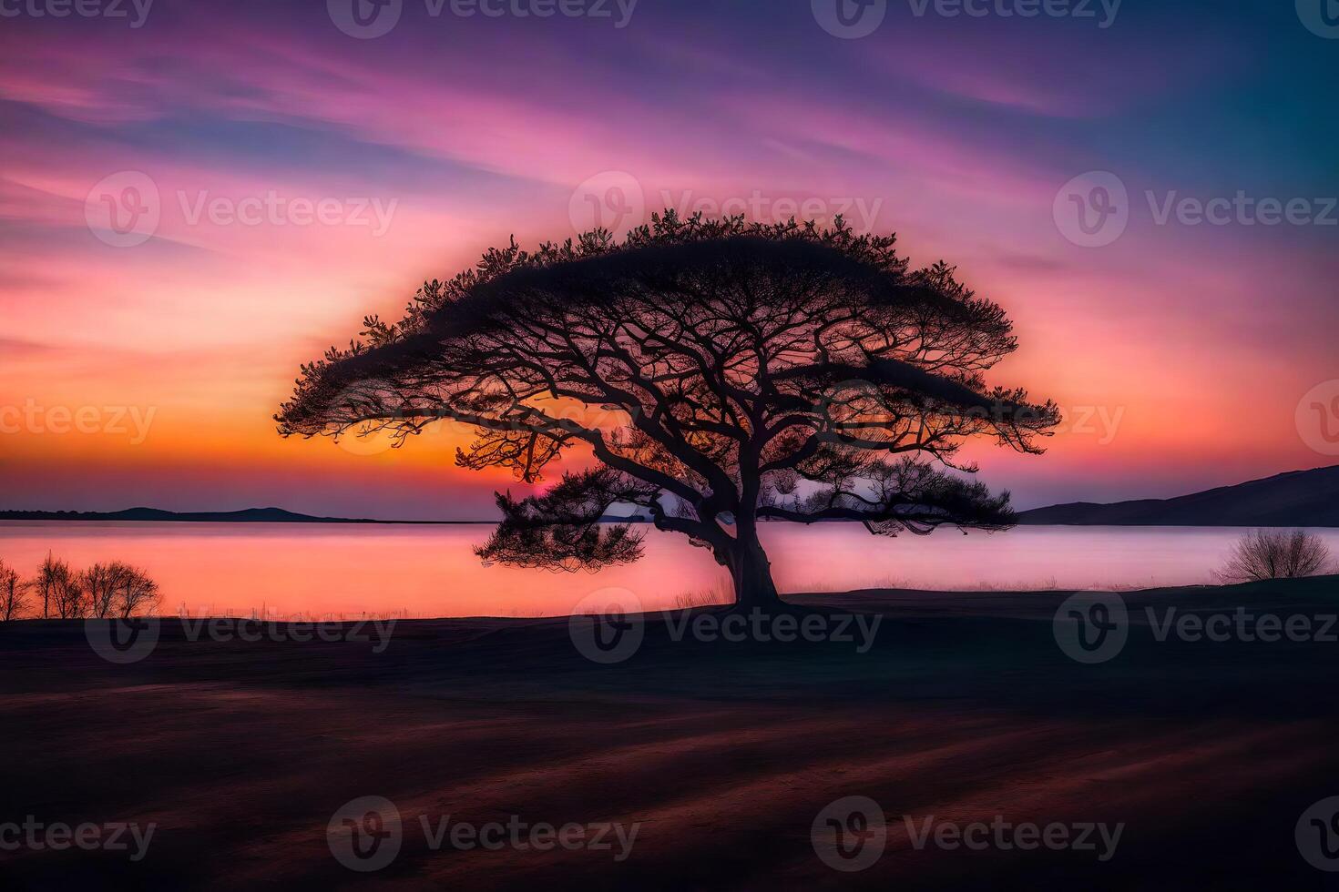 A lone tree stands in front of a lake at sunset photo