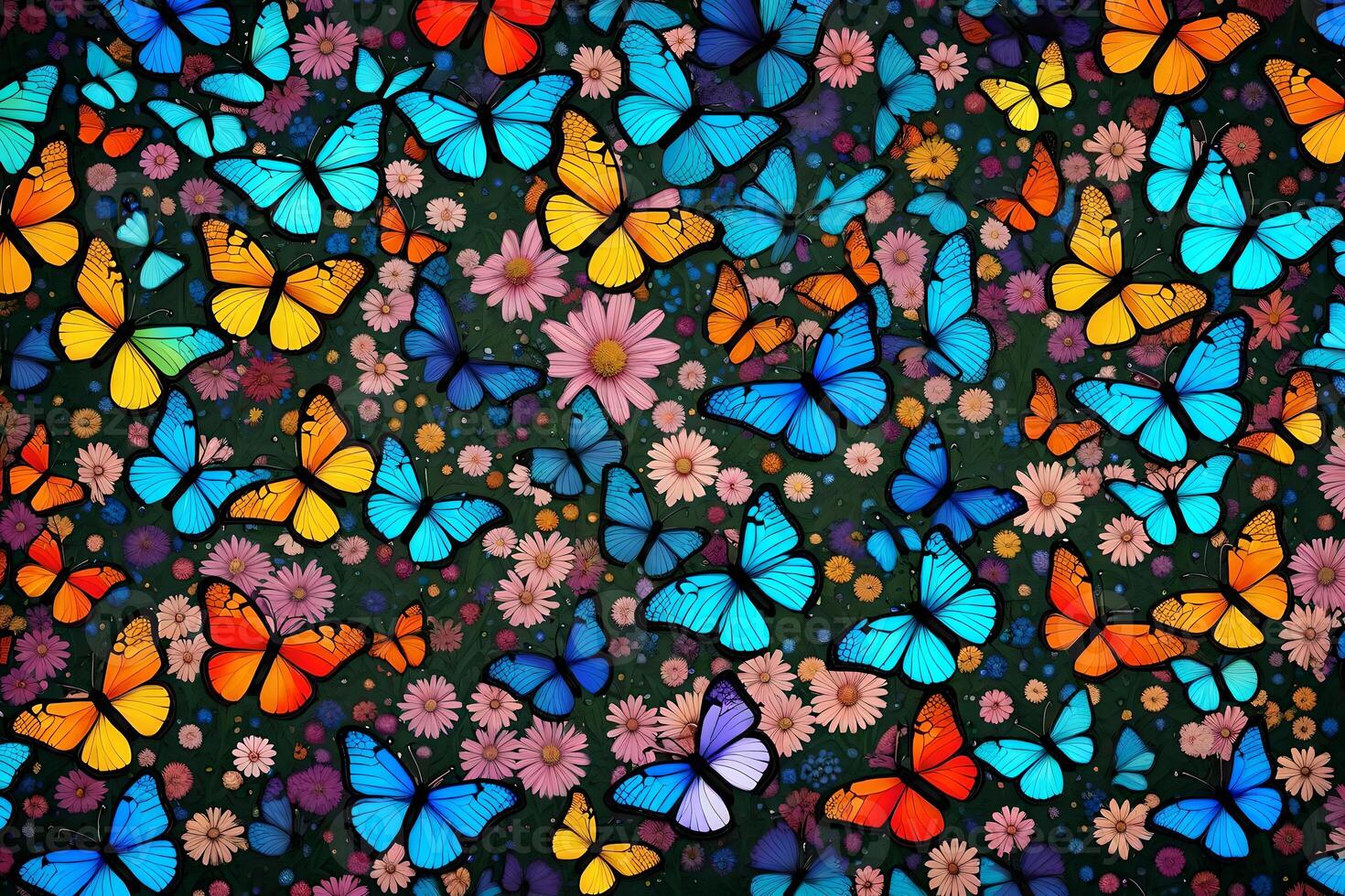 Butterflies and flowers in a dark background photo