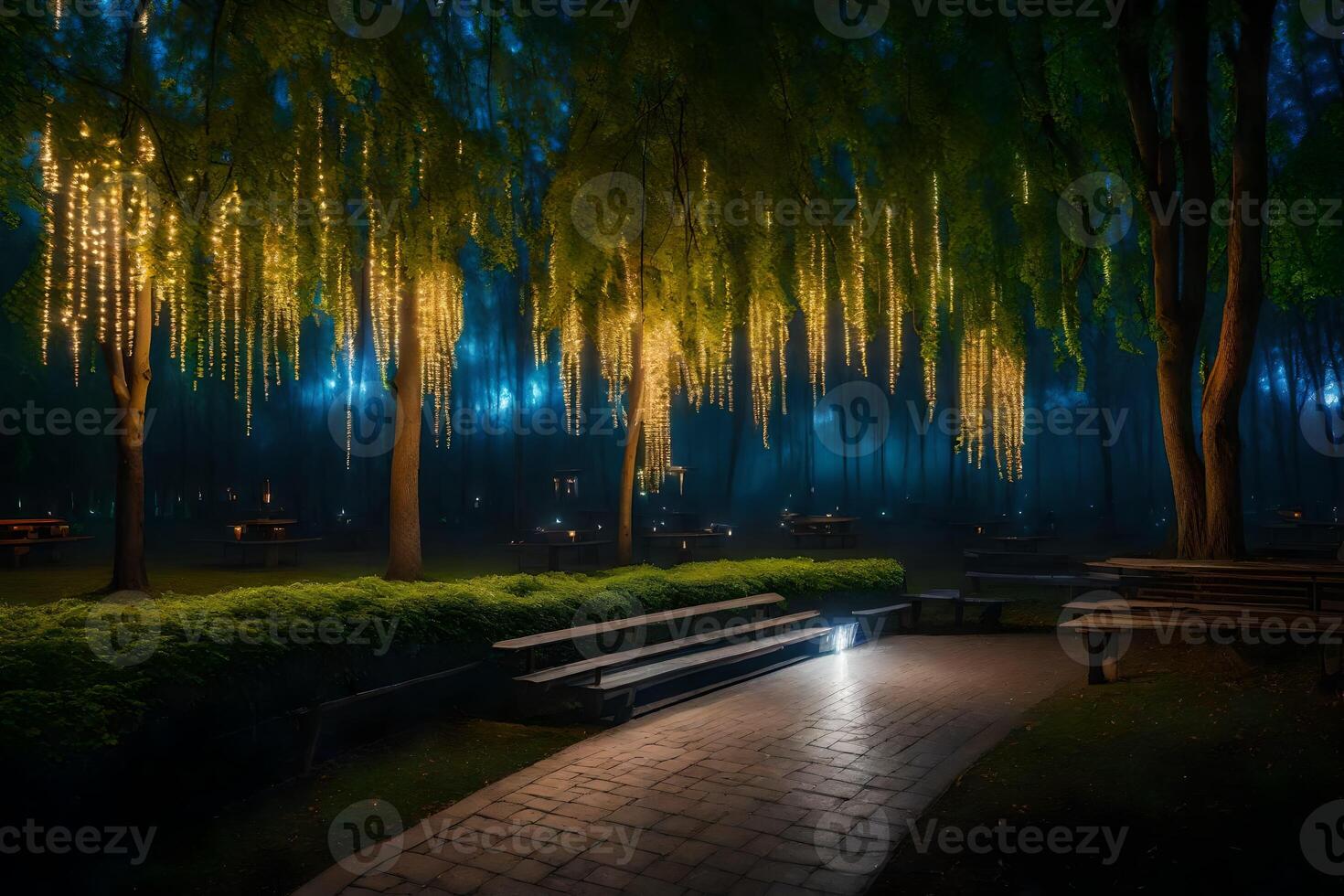 A park with benches and trees at night photo