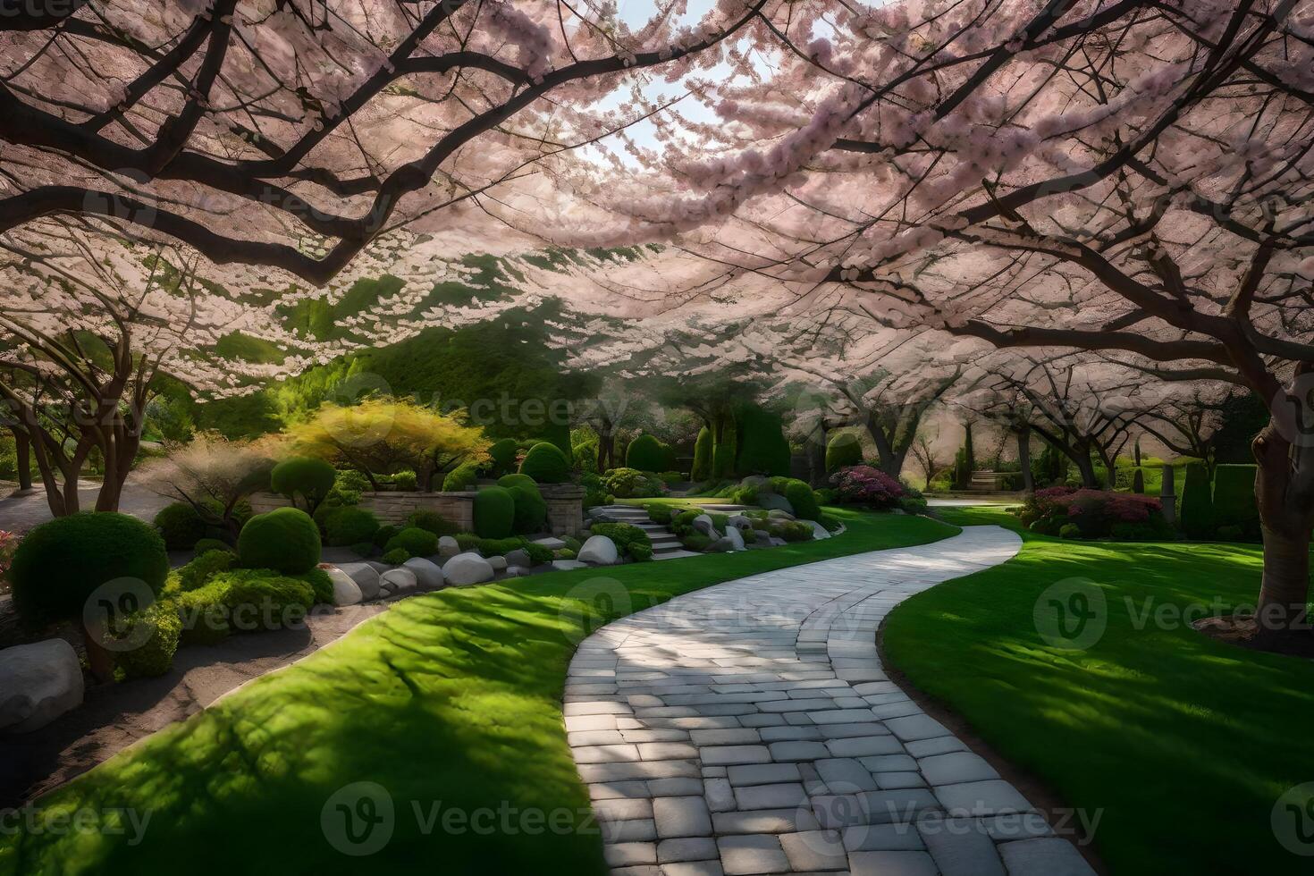 A pathway through a park with cherry blossoms photo