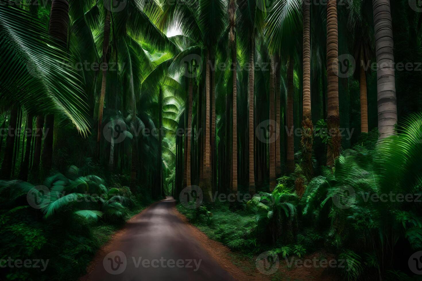 A road through a tropical forest with palm trees photo