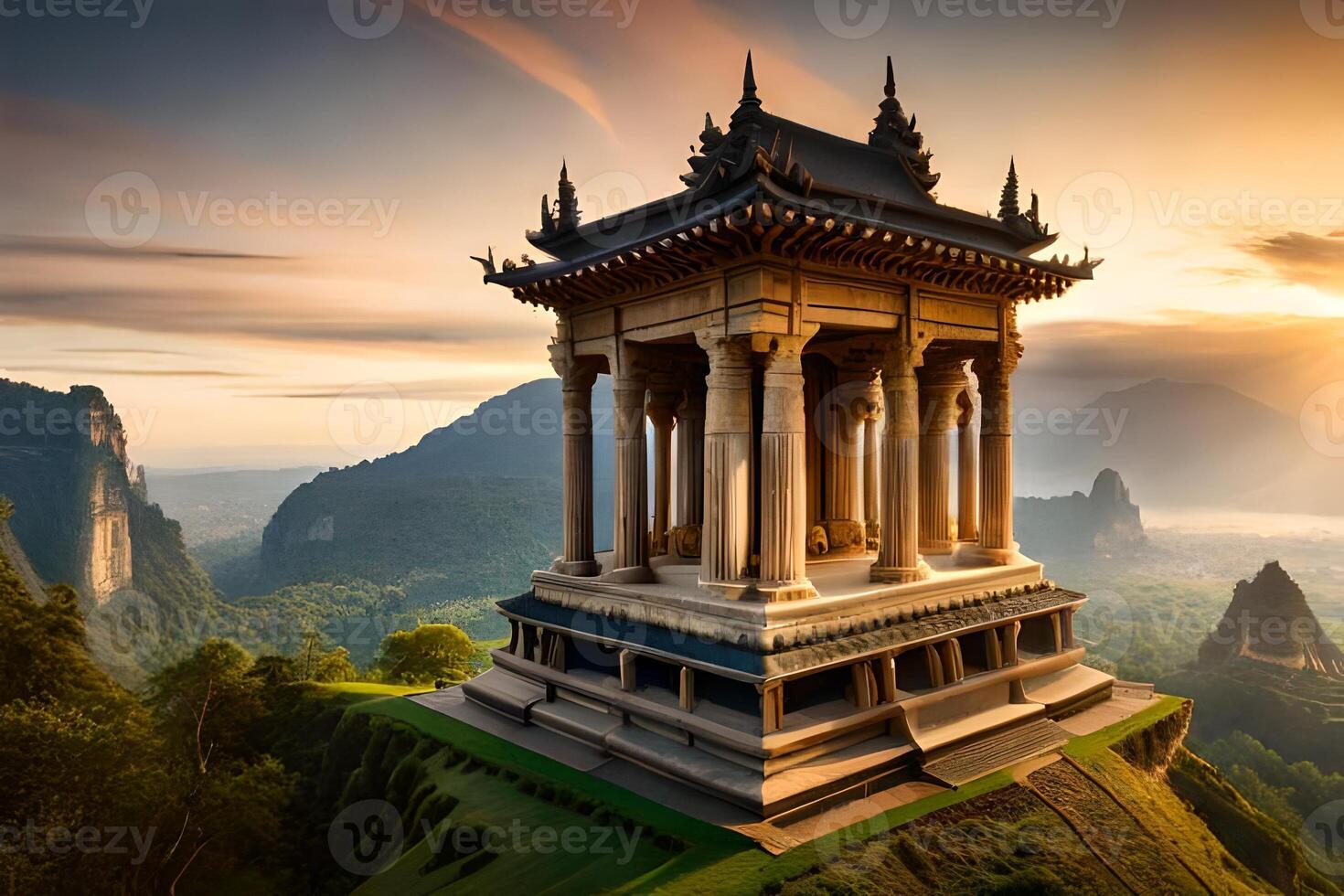Ancient pagoda in the mountains at sunrise photo