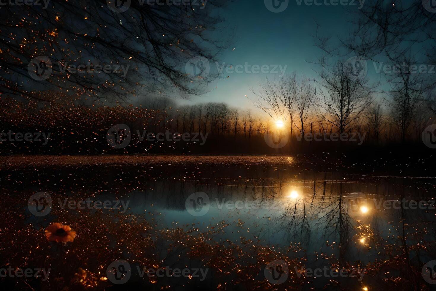 A lake at night with a tree in the foreground photo