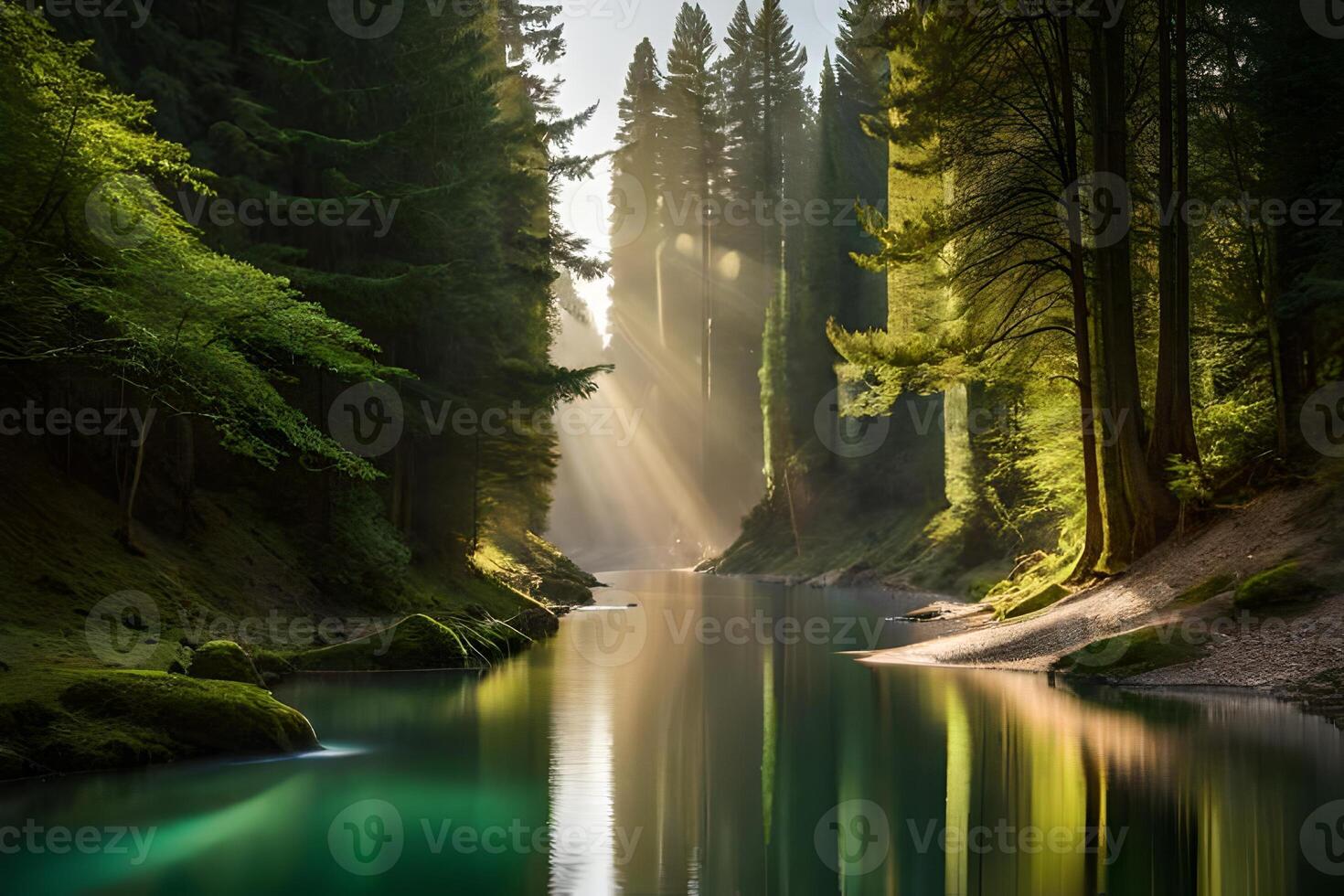 A river in the forest with sunbeams shining through the trees photo