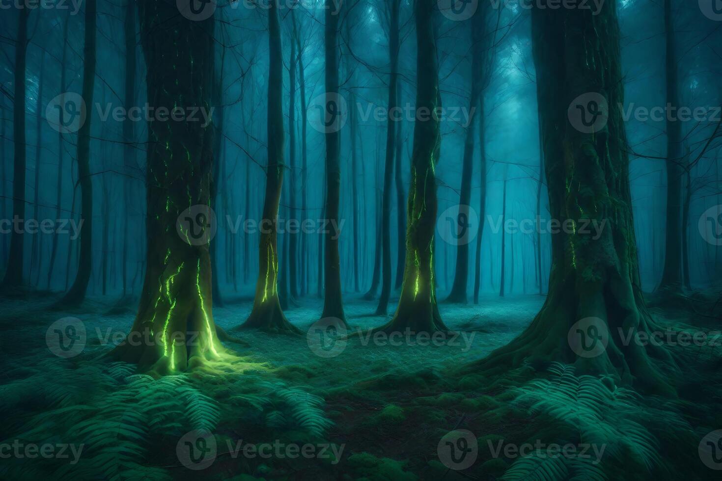 A dark forest with green trees and ferns photo
