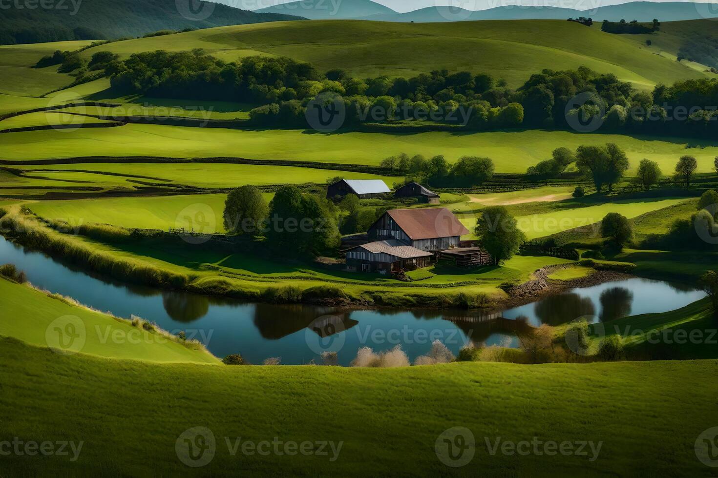 A farm sits on a hill overlooking a river photo