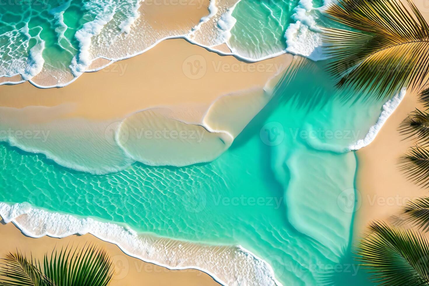 Tropical beach aerial view of turquoise water and palm trees photo