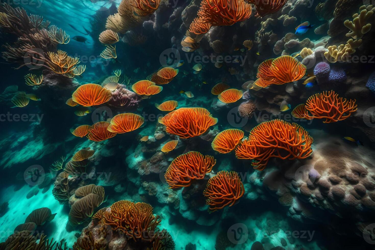 An underwater view of coral reefs with orange sponges photo