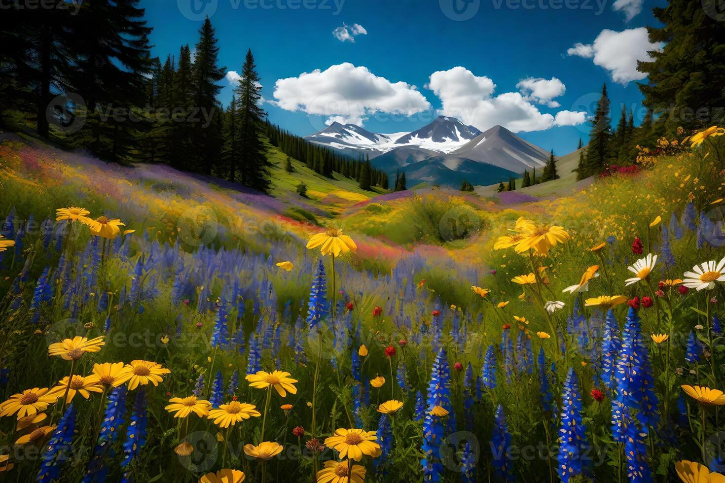Wildflowers and mountains in the background photo