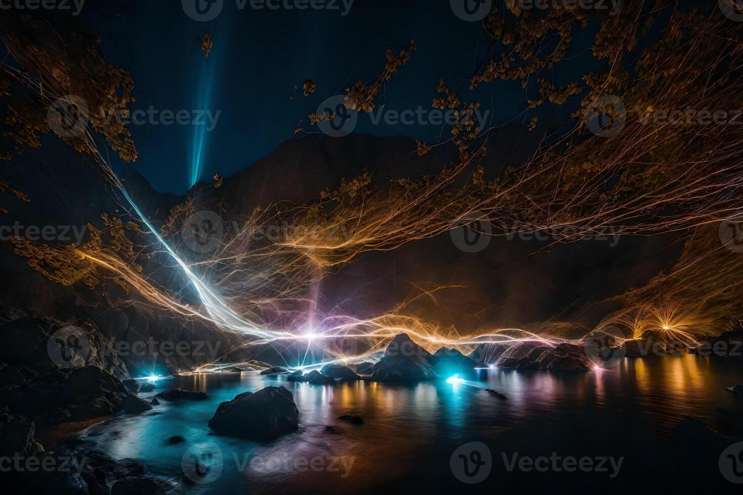 Light painting over the water at night photo