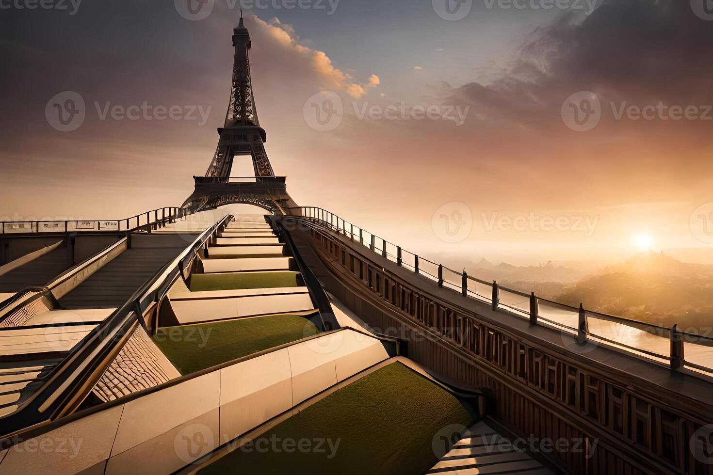 The eiffel tower is seen from above photo