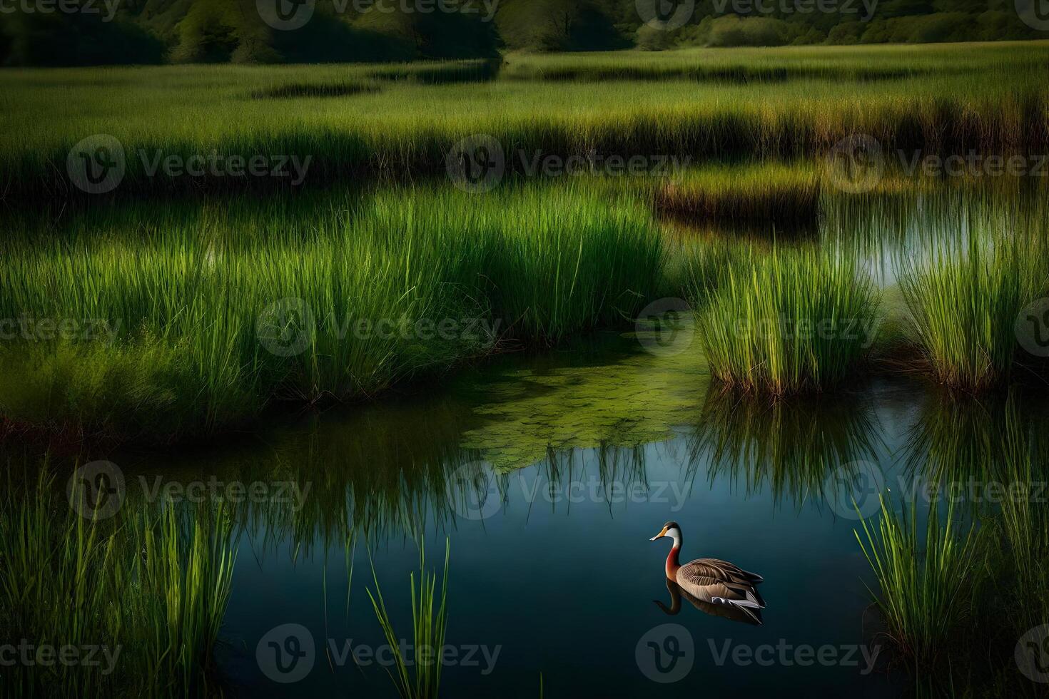 A duck is swimming in a pond surrounded by tall grass photo