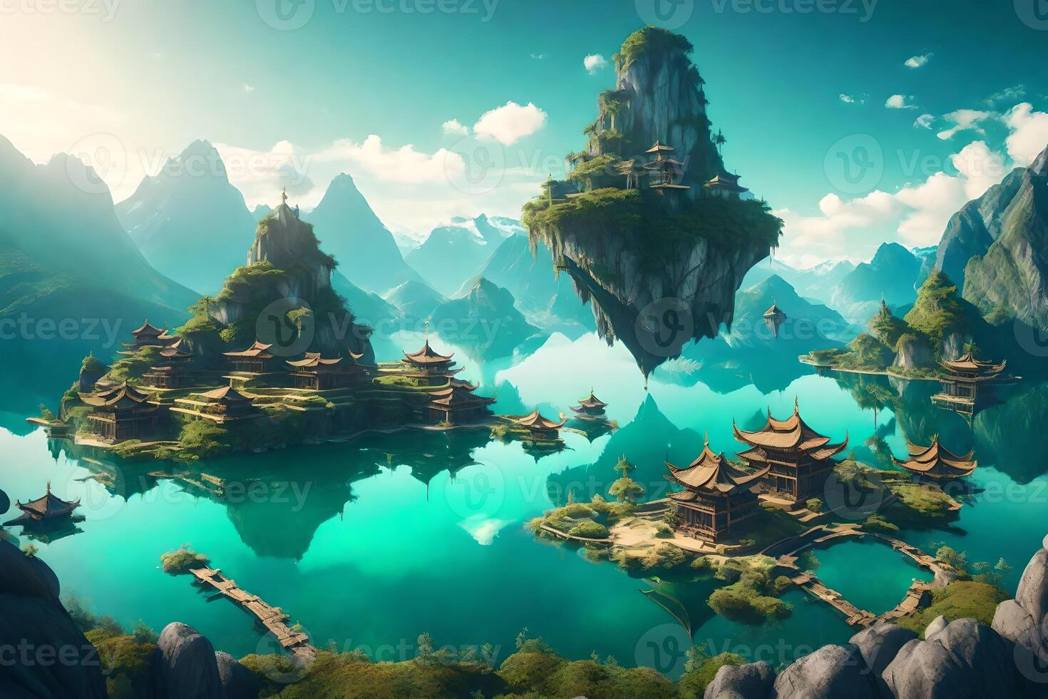 An island with a floating castle in the middle of a lake photo