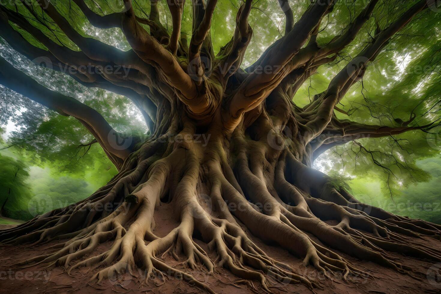 The roots of a large tree in the forest photo