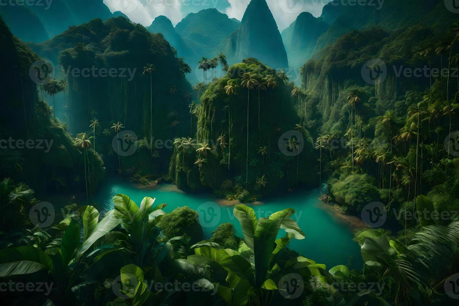 A tropical landscape with mountains and water photo