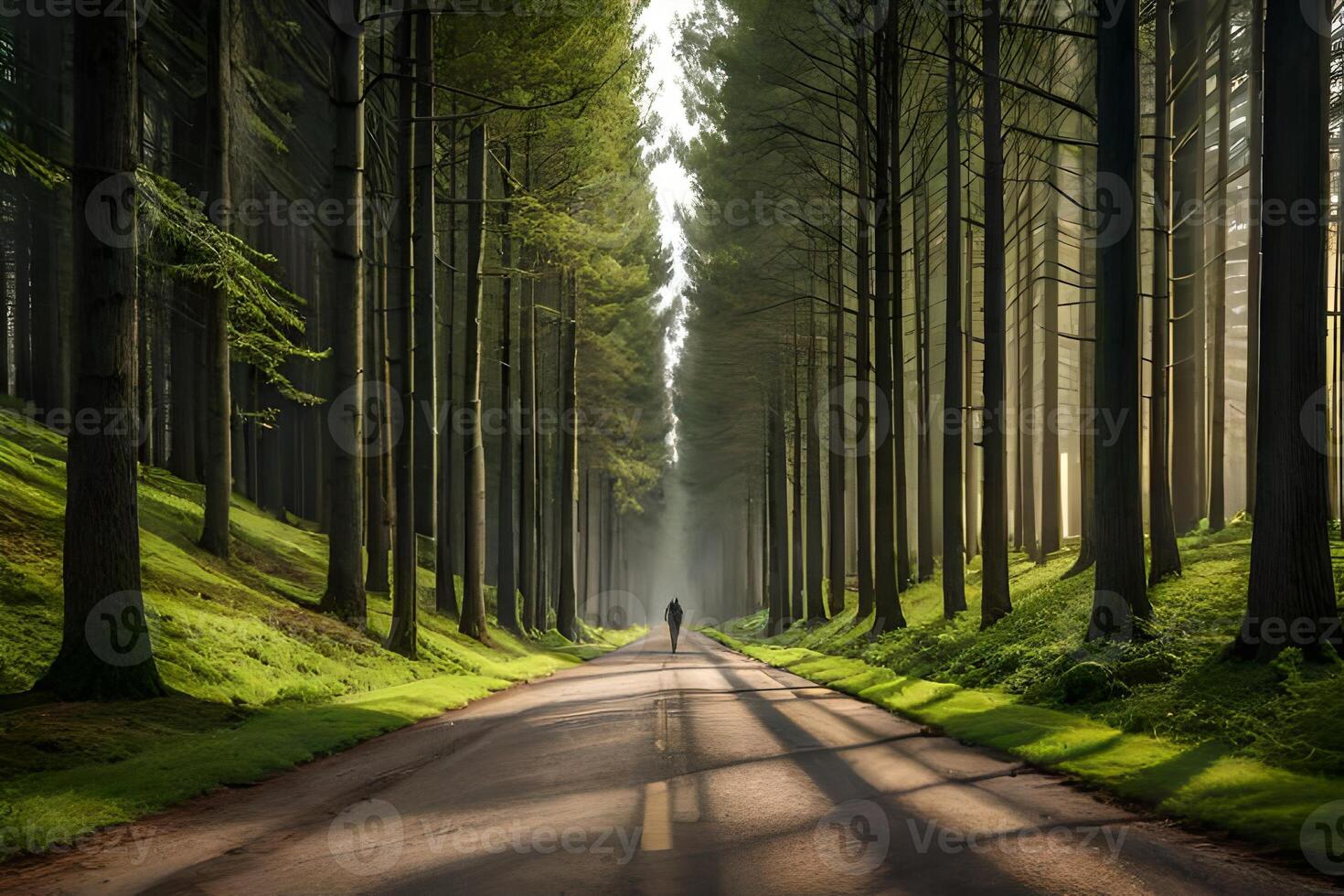 A man walking down a road in the middle of a forest photo